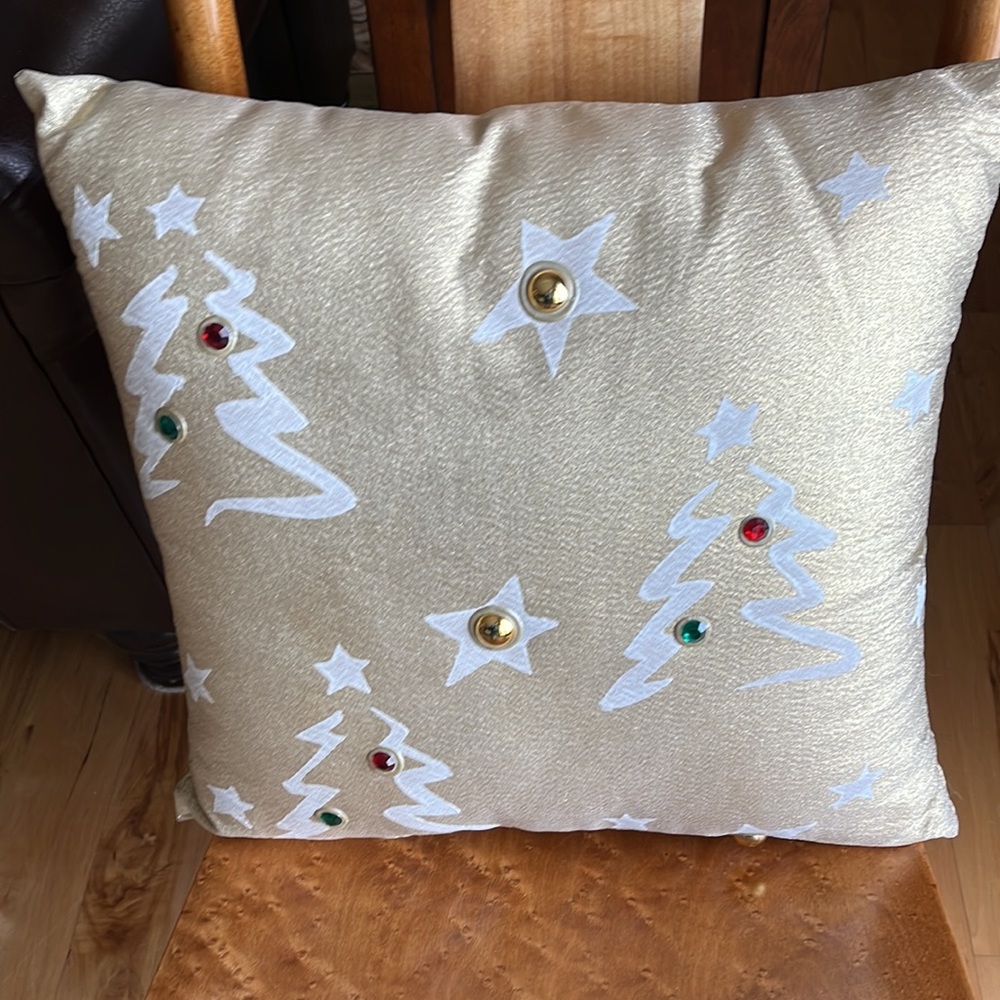 Gold Paint and Faux Jewel Embellished Holiday Accent Pillow. 16” x 16”